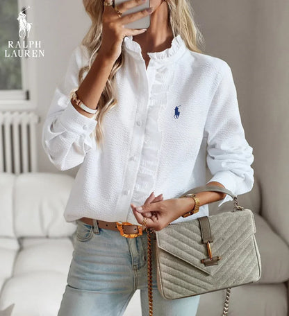 R. Ꮮаᴜгеn Ruffled Button-Up Shirt – Soft Textured Fit